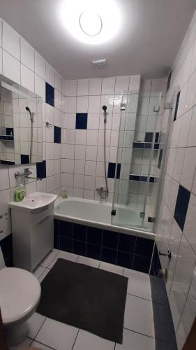 a bathroom with a toilet and a tub and a sink at Apartament w Kudowie-Zdrój in Kudowa-Zdrój