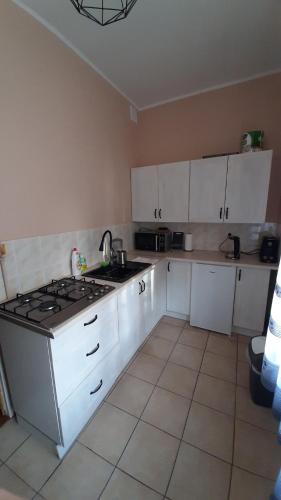 a kitchen with white cabinets and a stove top oven at Apartament w Kudowie-Zdrój in Kudowa-Zdrój