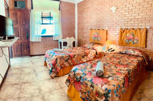Cette chambre comprend deux lits et une télévision. dans l'établissement Hotel Fazenda Villa-Forte, à Engenheiro Passos