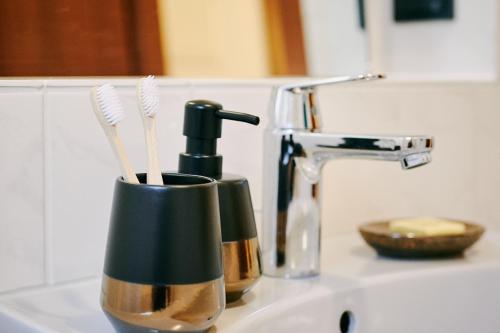 two toothbrushes in cups sitting on a bathroom sink at Loft 1453 in Ludwigshafen am Rhein