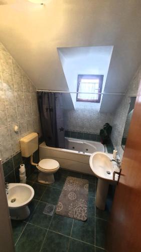 a bathroom with two toilets and a sink and a tub at OPG Vuk bed&breakfast "Čarobni snovi" in Darda