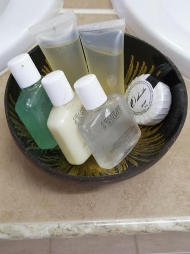 a bowl filled with different types of soap and toothbrushes at Trois Piton Apartments in Pont Cassé