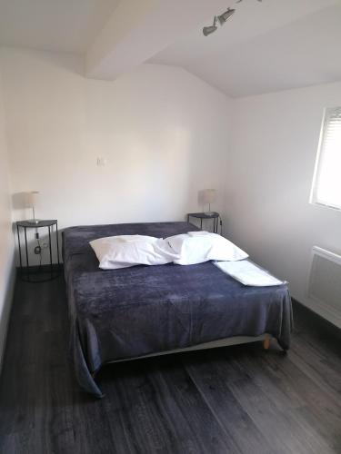 a bedroom with a bed with blue sheets and white pillows at Jolie maison avec Jardin à Réau in Réau