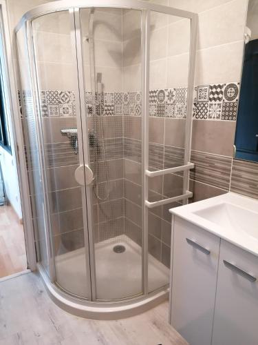 a shower with a glass door in a bathroom at Jolie maison avec Jardin à Réau in Réau