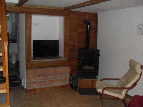 een woonkamer met een open haard en een flatscreen-tv bij Wohnen Im Topf in Quedlinburg