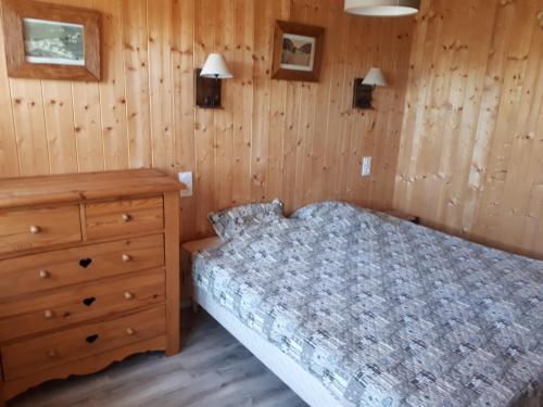 1 dormitorio con 1 cama y pared de madera en La Michaille, en Mijoux