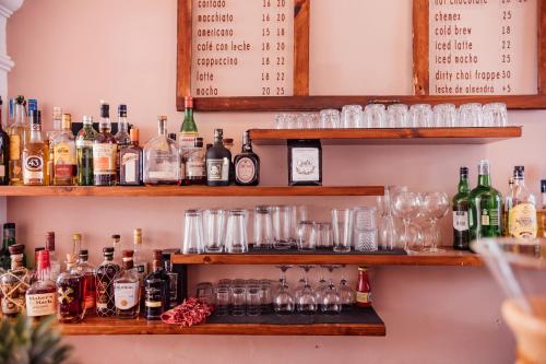 a bar filled with lots of bottles and glasses at Ojala in Antigua Guatemala