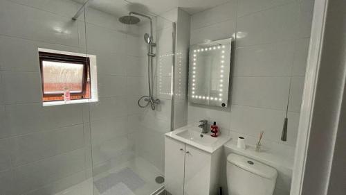 a white bathroom with a toilet and a shower at RiverView 1 Bed Apartment with Parking by CozyNest in Reading