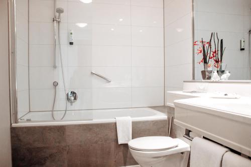a bathroom with a shower and a toilet and a sink at Clostermanns Hof in Niederkassel
