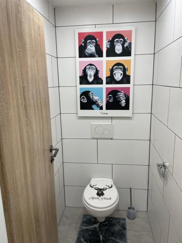 a bathroom with a toilet with pictures on the wall at außergewöhnliche Kellerloft in Innsbruck