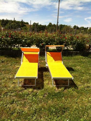 two yellow and orange chairs sitting in the grass at Cascina La Maddalena Bed & Wine in Rocca Grimalda