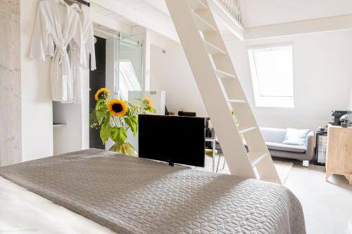 a bedroom with a loft bed and a television at De Vijf Suites in Elp