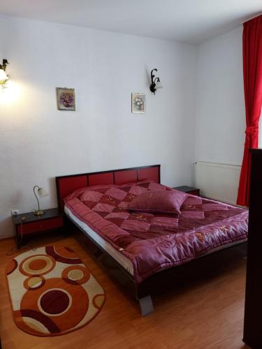 ポイアナ・ブラショフにあるApartament Rolandのベッドルーム1室(赤い掛け布団付きのベッド1台付)