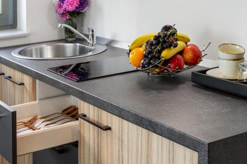 a bowl of fruit on a counter in a kitchen at Tomis Garden Aparthotel Bucuresti in Bucharest