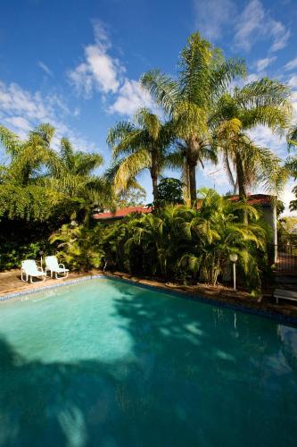 a swimming pool with two chairs and palm trees at Caralina Court in Noosa Heads