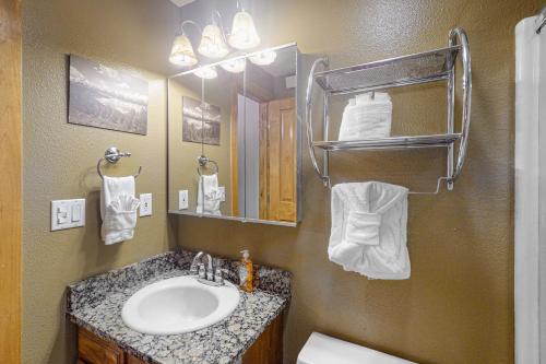 a bathroom with a sink and a mirror at Winter Park River Studio in Winter Park