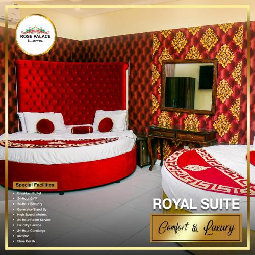 a display of a room with two beds and a mirror at Rose Palace Hotel, Gulberg in Lahore