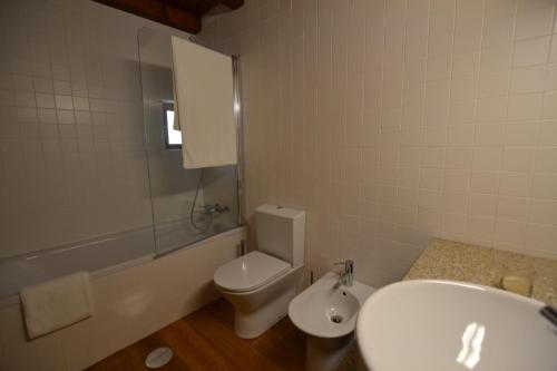 a bathroom with a toilet and a sink and a shower at Casa de Santa Cristina in Alpendurada