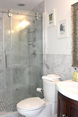 a bathroom with a shower and a toilet and a sink at Perfecto's Retreat- LUXURY Cabin in St. Petersburg