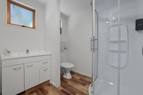 a bathroom with a shower and a sink and a toilet at Colonial Lodge Motel in Oamaru