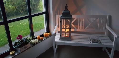 un porche con un banco con calabazas y una linterna en Ferienwohnung Jebeweg App. 9 en Nordstrand