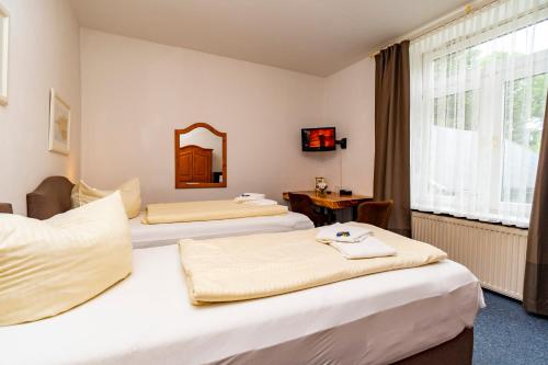 a hotel room with three beds and a mirror at Hotel Holsteinische Schweiz am Dieksee in Malente