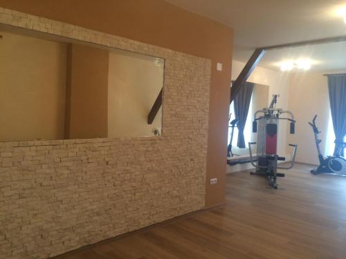 a mirror on a brick wall in a gym at Pensiunea JOJO in Băile Herculane