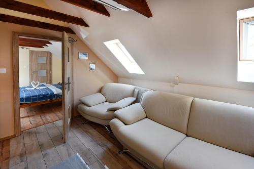a living room with a couch and a bed at Wellness Vila Astra in Stará Lesná