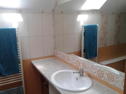 a bathroom with a sink and a mirror at Apartmán Liptov in Lúčky