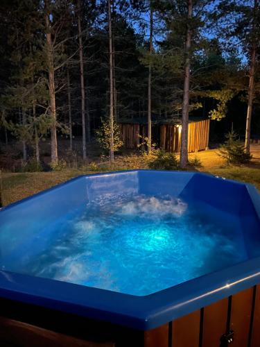 una bañera de hidromasaje azul en un patio por la noche en Holiday Home Atmatas, en Sabile