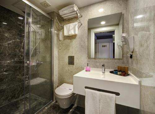 une salle de bain avec un lavabo, une douche et des toilettes dans l'établissement Dora Pera Hotel, à Istanbul
