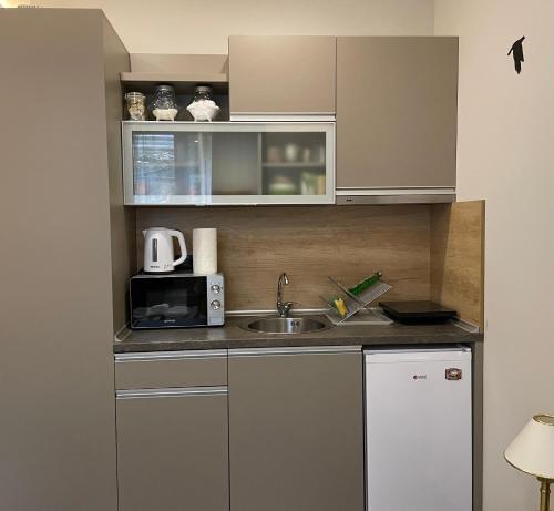 a small kitchen with a sink and a microwave at Apartman Pahuljica in Kopaonik