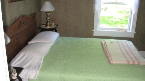 een slaapkamer met een groen bed en een raam bij Margaree Harbour View Inn B&B in Margaree Harbour