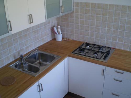a kitchen counter with a sink and a stove at Agriturismo Tenuta La Siesta in Gallipoli