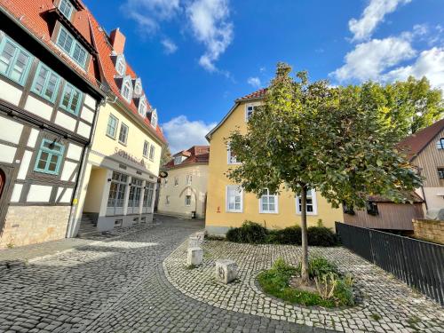 a tree in the middle of a cobblestone street at Ferienwohnung Augenblick - Stylisches Apartment in der besten Altstadtlage von Erfurt in Erfurt
