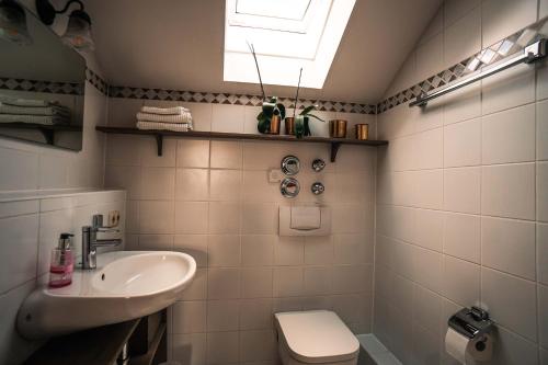 baño con lavabo y aseo y ventana en VISITALPS moderne Ferienwohnung nähe München u Salzburg, en Kolbermoor