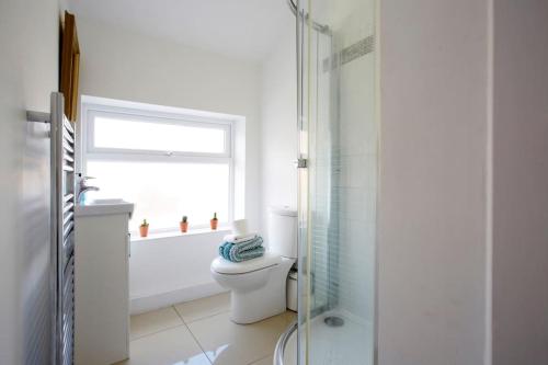 a bathroom with a toilet and a window and a shower at The Bishy by Chateau Anna, York city centre & free parking in York