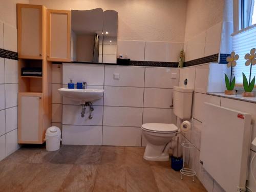 a bathroom with a toilet and a sink at Willkommen in dem Luftkurort und Käsestadt Nieheim Rennstrecke 4km entfernt Fewo1 in Nieheim