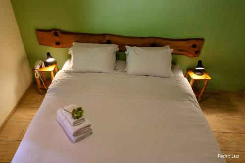a bedroom with a large white bed with two lamps at Pousada Villa Luna in Penedo