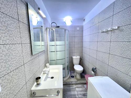 un bagno con lavandino, WC e specchio di Oasis Costa del Silencio a Costa Del Silencio