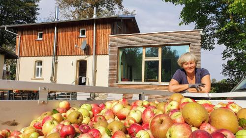 a woman standing in front of a pile of apples at Bahnwärterhaus in Droßdorf