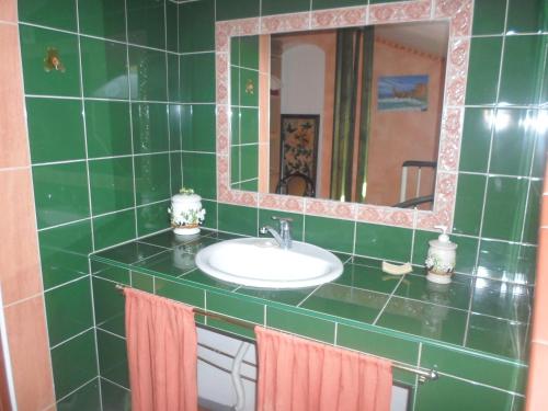 a green tiled bathroom with a sink and a mirror at coquet f2 avec petite terrasse in Canet-en-Roussillon
