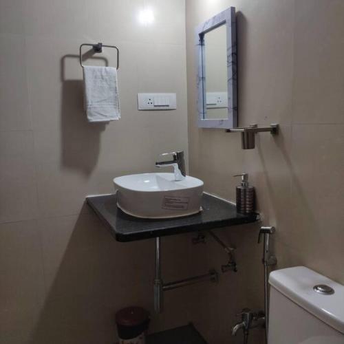 a bathroom with a sink and a mirror on a counter at Kivi's kozy 2bhk luxurious apartment Goa by leela homes in Arpora