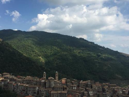 a group of houses on a hill in front of a mountain at Casa nel borgo in Piglio