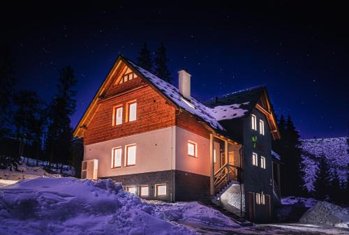a large wooden house in the snow at night at MM LUCKY apartments in Demanovska Dolina
