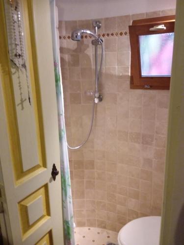 a bathroom with a shower with a toilet and a sink at Langhe studio flat in Mango