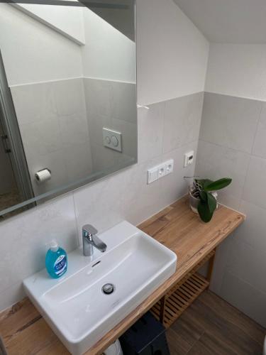 a bathroom with a white sink and a mirror at Ferienwohnung Jubiläumsgrat in Grainau