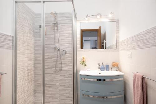 een badkamer met een douche en een wastafel bij 60mt dal mare in Viareggio