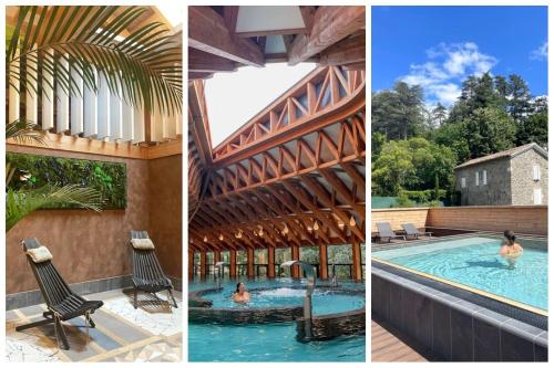un collage de trois photos d'une piscine dans l'établissement Les Clos De La Vigne, à Vals-les-Bains