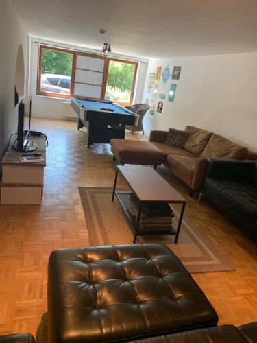 a living room with a couch and a pool table at Maison de Rochehaut in Rochehaut
